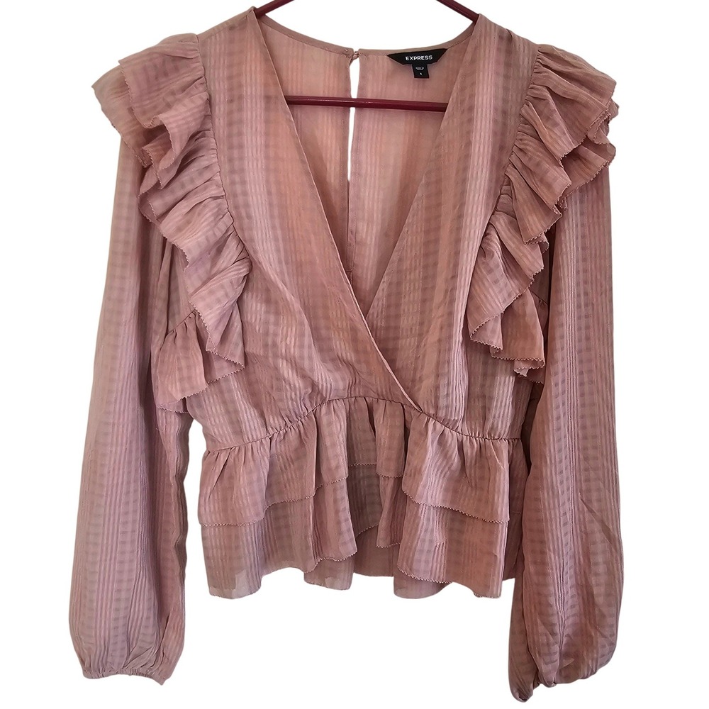 Express Womens Small Mauve‎ Ruffle Peplum V-Neck Long Sleeve Blouse Tonal Check